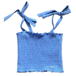 Hollister Blue Smocked Cottage Peasant Prairie Festival Tie Shoulder Crop Top MD